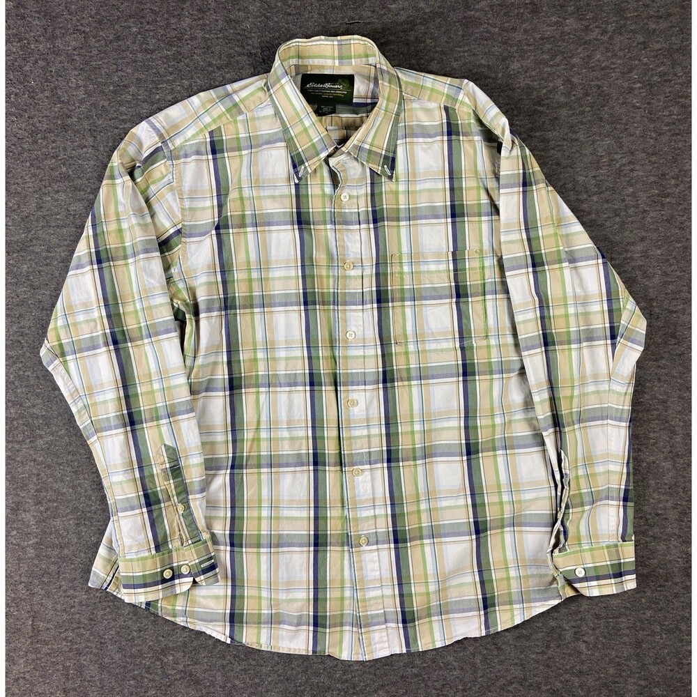 Eddie Bauer Shirt Mens XL Beige Olive Green Plaid Button Down Long Sleeve Pocket
